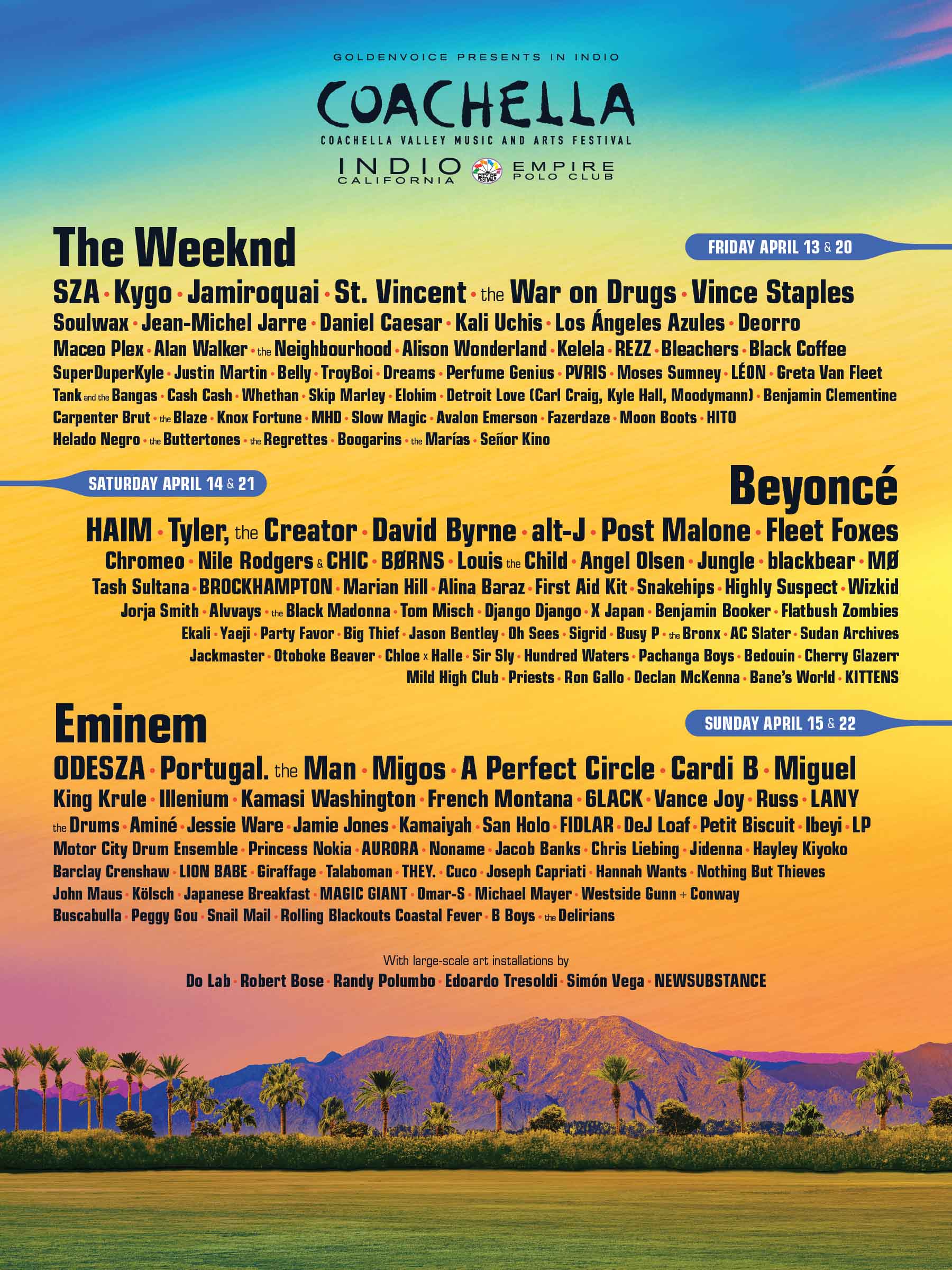 Coachella、2018年のラインナップが発表。ヘッドライナーはBeyoncé、Eminem、The Weeknd